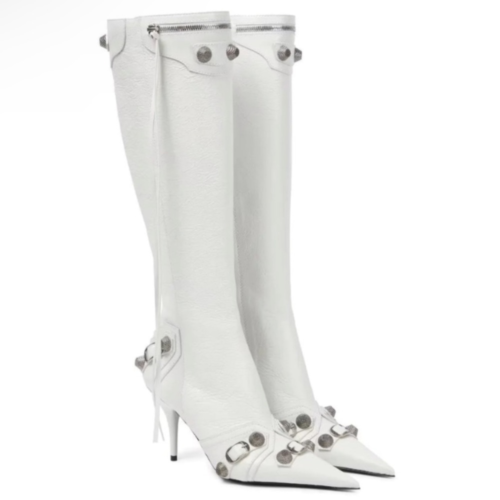 White Faux Leather Croc Silver Studded Pointed Toe Stiletto Heel Knee Hi…